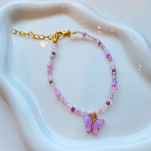 Handmade Jewelry - (SOLD) Handmade Pink Butterfly Beaded Bracelet with Gold Accents